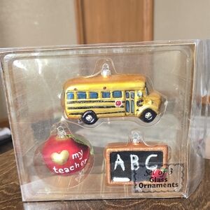 Set of 3 Vintage Teacher Glass Ornaments - School Bus, Apple, Chalkboard